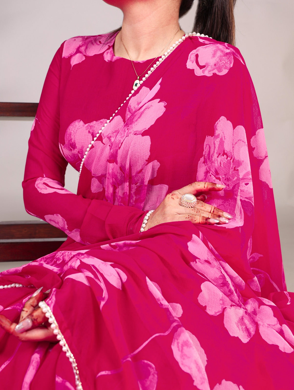 Pink Chiffon Floral Printed Saree