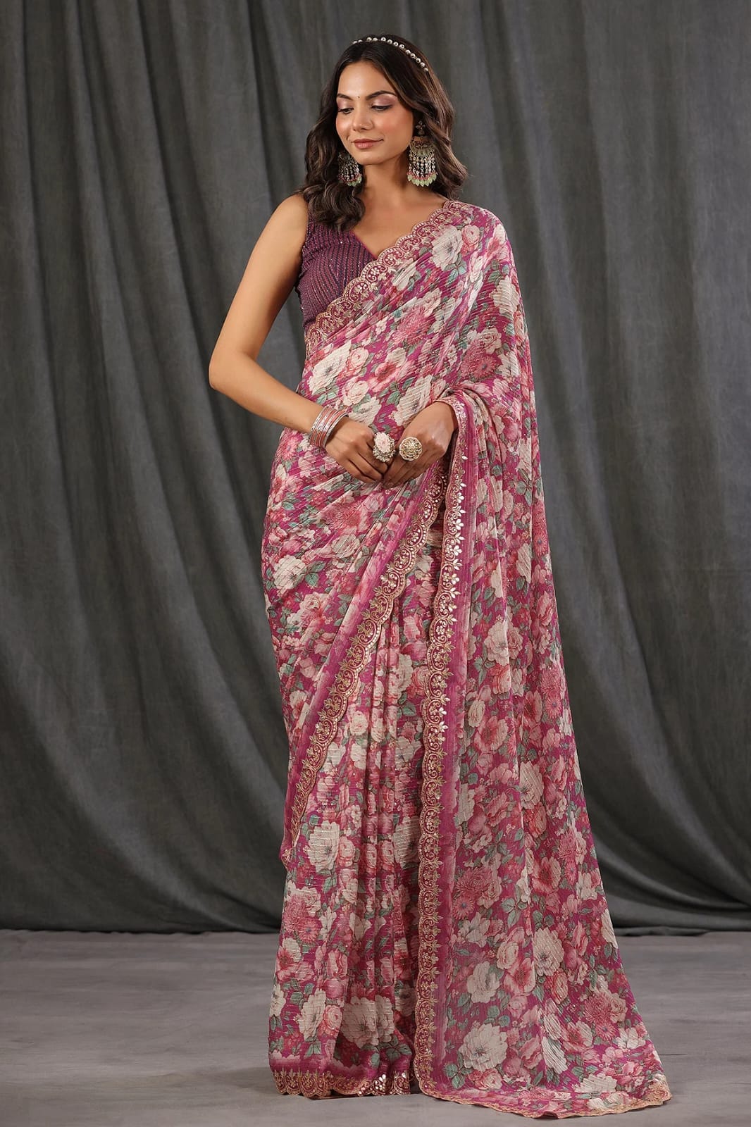DARK PINK VICHITRA SILK CRO- CHAT WITH DIGITAL PRINT SAREE