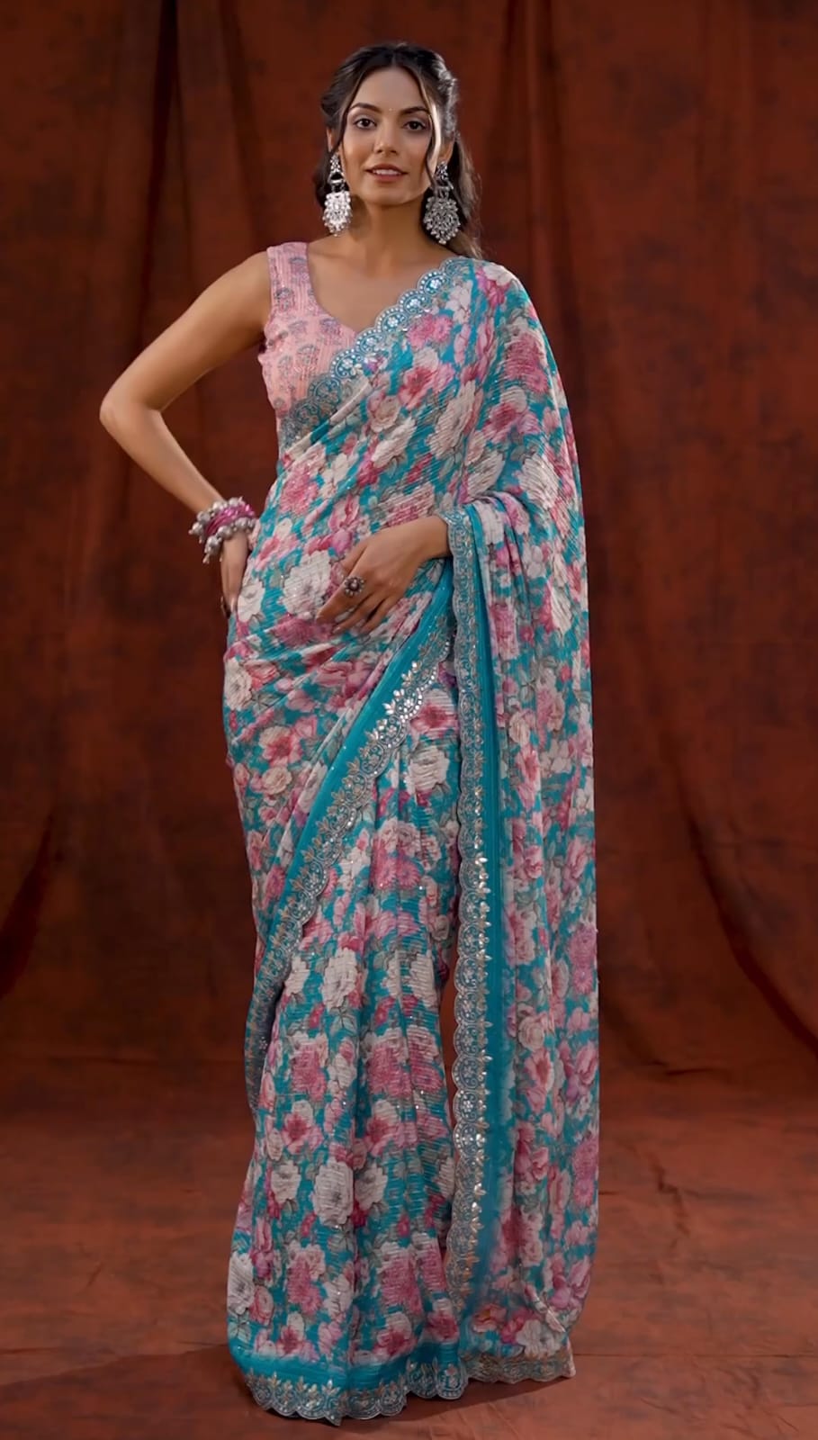 DARK PINK VICHITRA SILK CRO- CHAT WITH DIGITAL PRINT SAREE