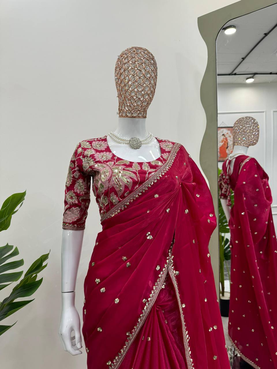 Rose Red Jimmy Chu Sequince Work Saree