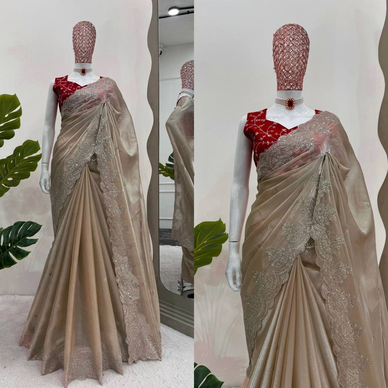 Golden Jimmy Chu Thred Sequnce Work Saree