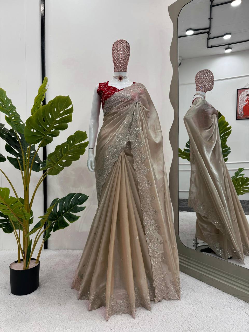 Golden Jimmy Chu Thred Sequnce Work Saree