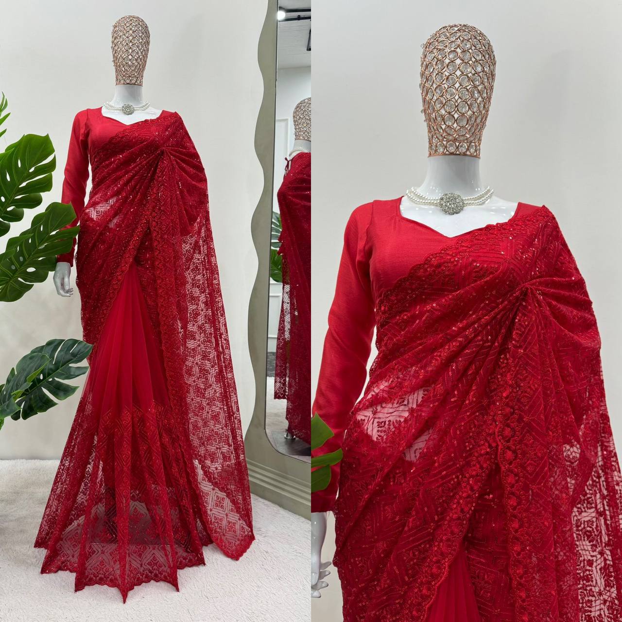 Deep Red Soft Net With thred Work Saree
