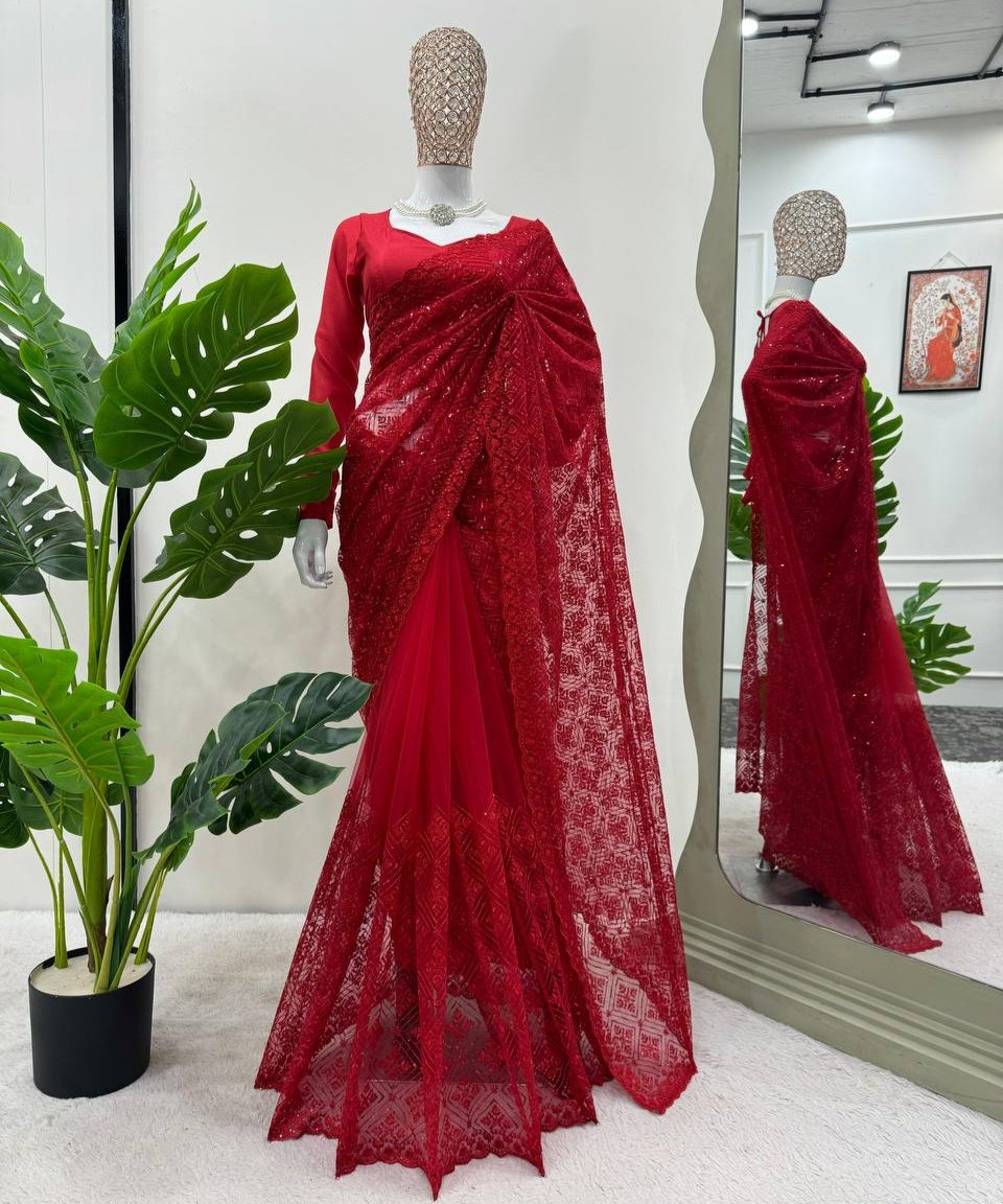 Deep Red Soft Net With thred Work Saree