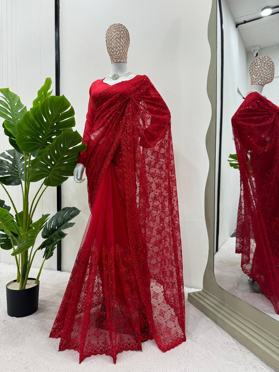 Deep Red Soft Net With thred Work Saree