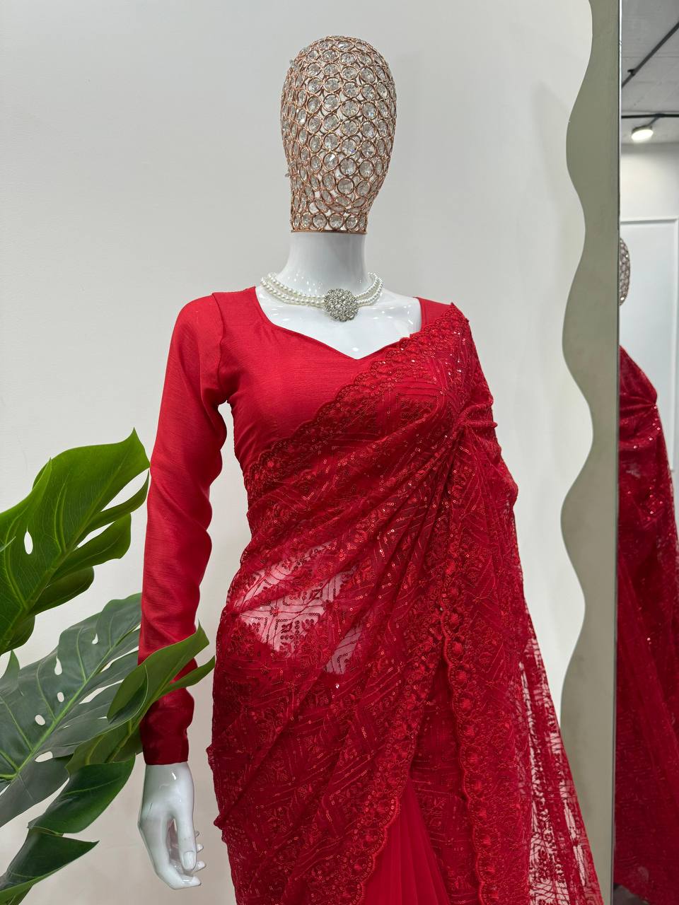 Deep Red Soft Net With thred Work Saree