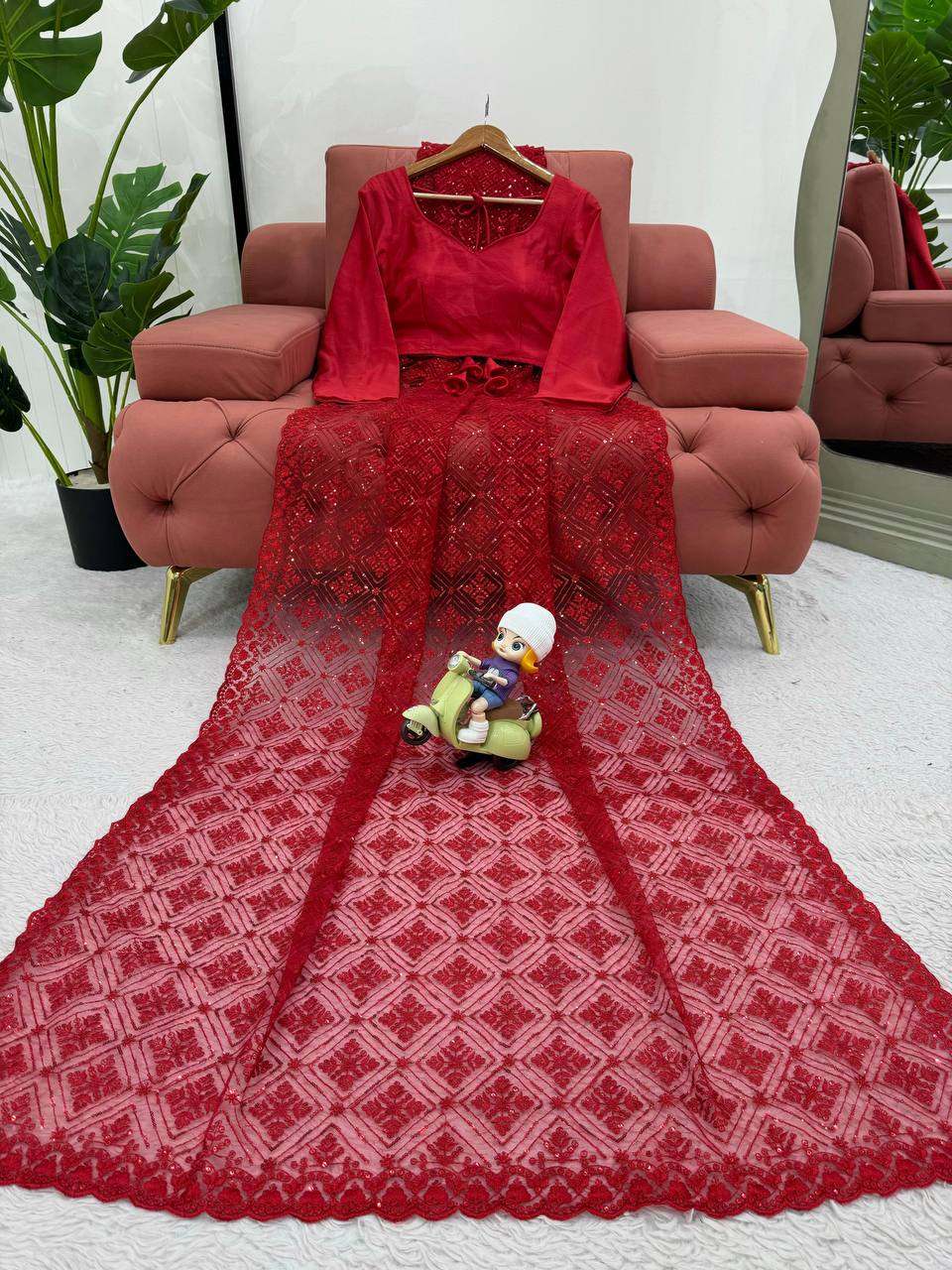 Deep Red Soft Net With thred Work Saree
