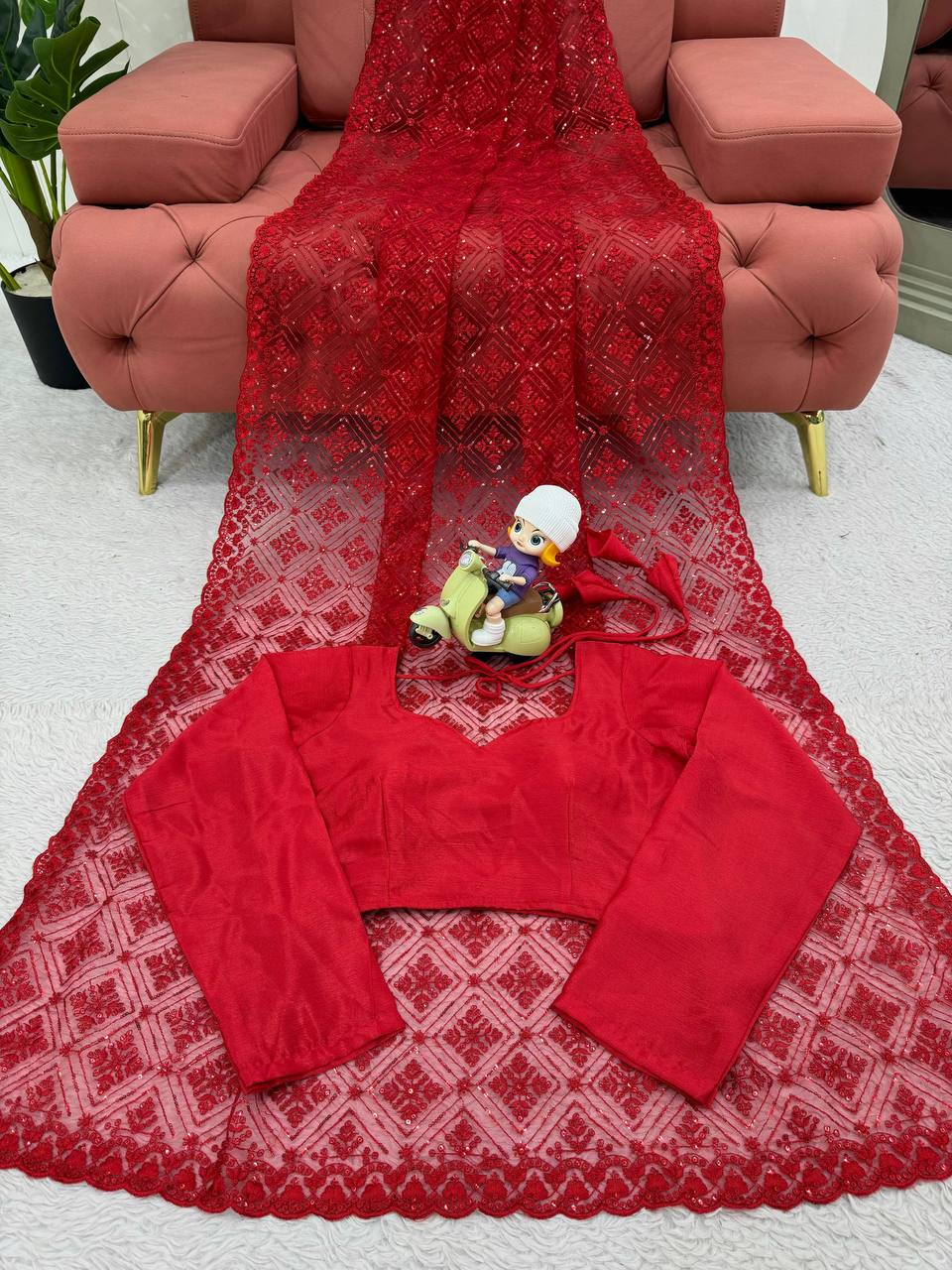 Deep Red Soft Net With thred Work Saree