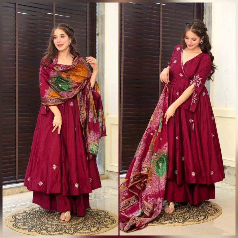 Maroon Color Luxurious Roman Silk 3pc Kurti Set