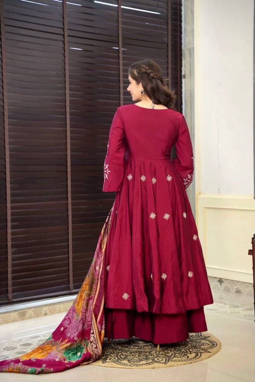 Maroon Color Luxurious Roman Silk 3pc Kurti Set
