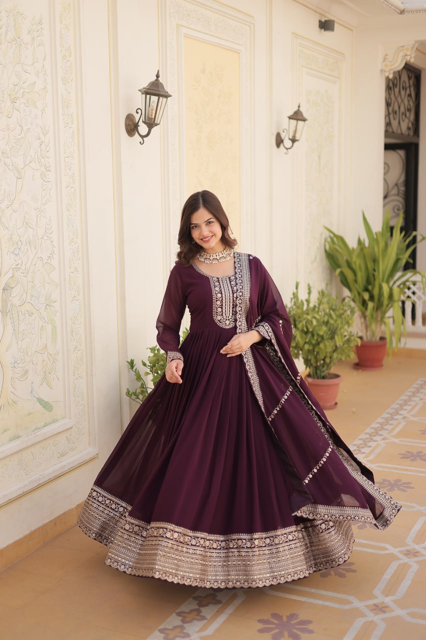 ELEGANT MAROON COLOR ANARKALI GOWN WITH FAUX BLOOMING DUPATTA