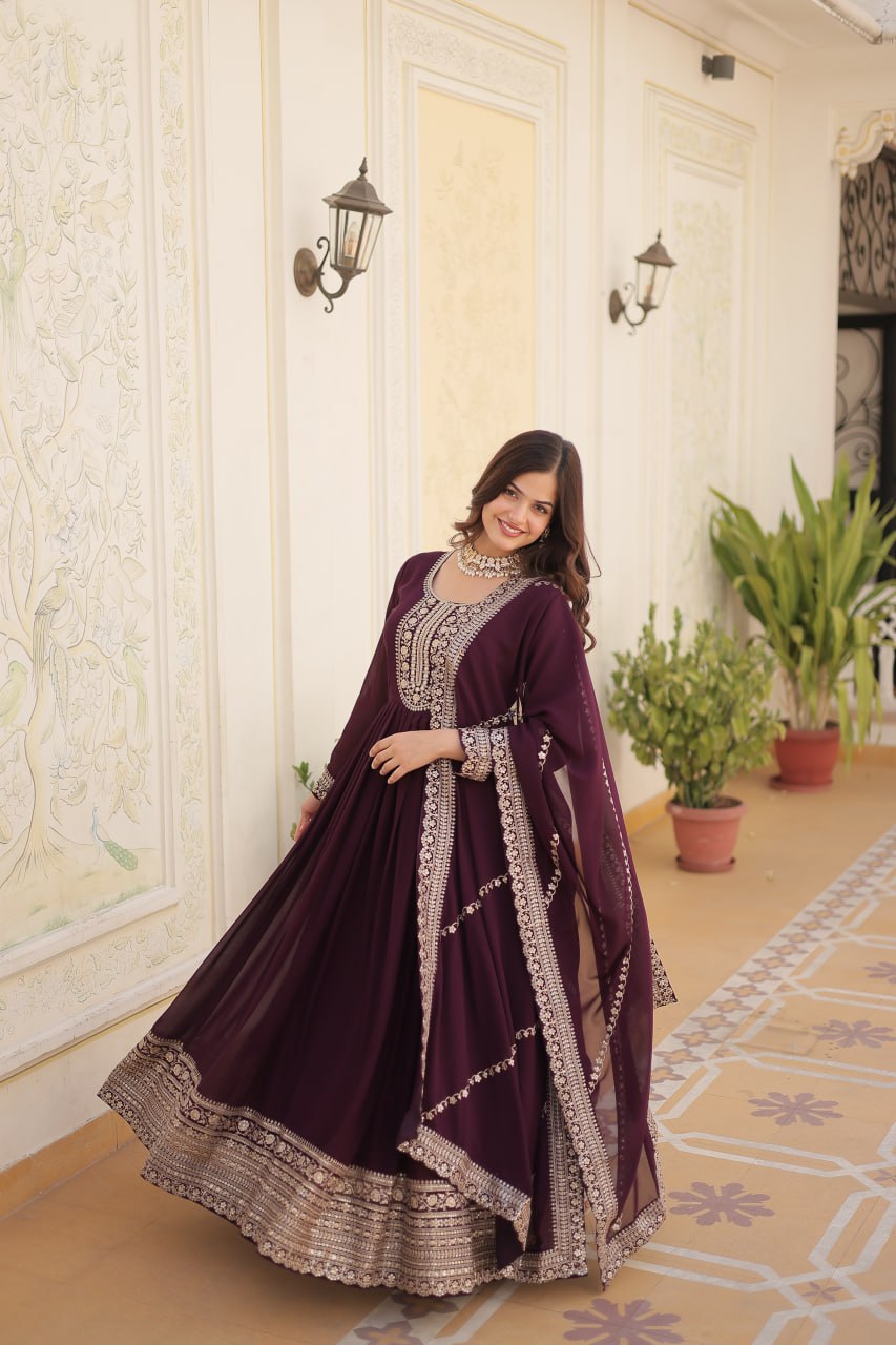 ELEGANT MAROON COLOR ANARKALI GOWN WITH FAUX BLOOMING DUPATTA