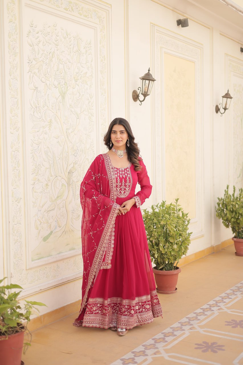 ELEGANT MAROON COLOR ANARKALI GOWN WITH FAUX BLOOMING DUPATTA
