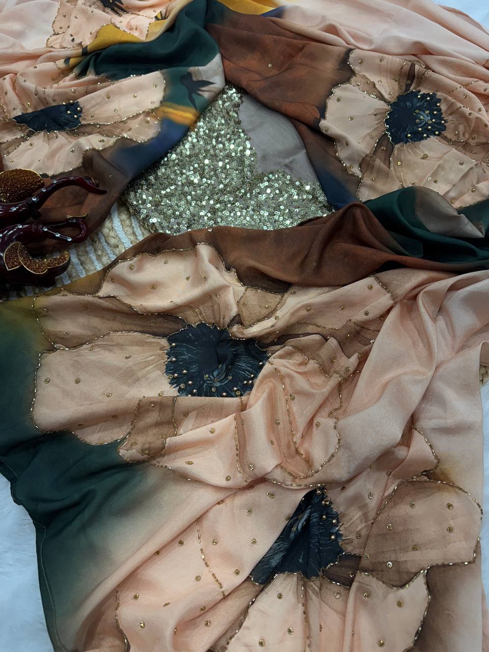Off white & Green Satin Crepe Floral Print with Katdana Work Saree
