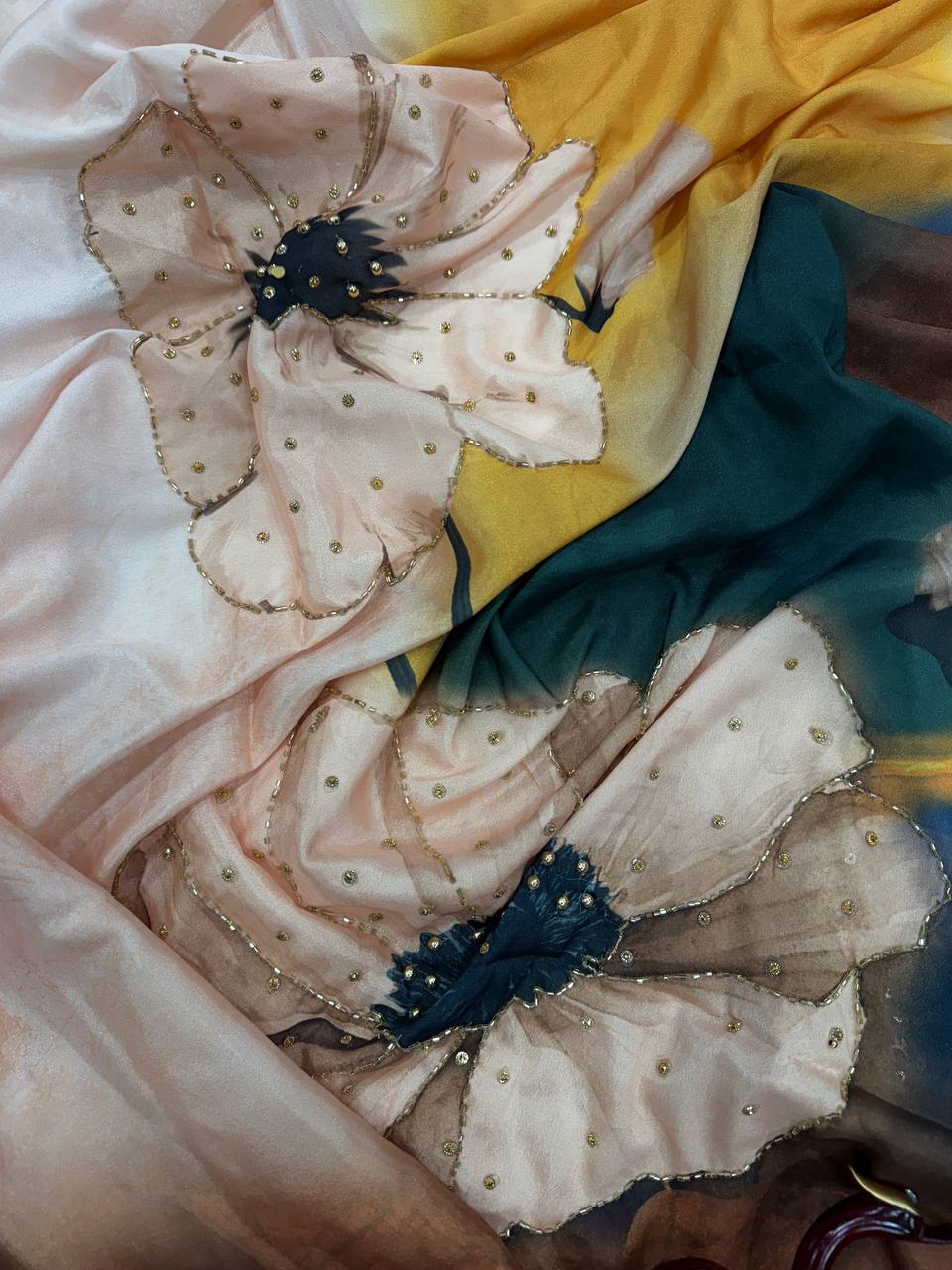 Off white & Green Satin Crepe Floral Print with Katdana Work Saree