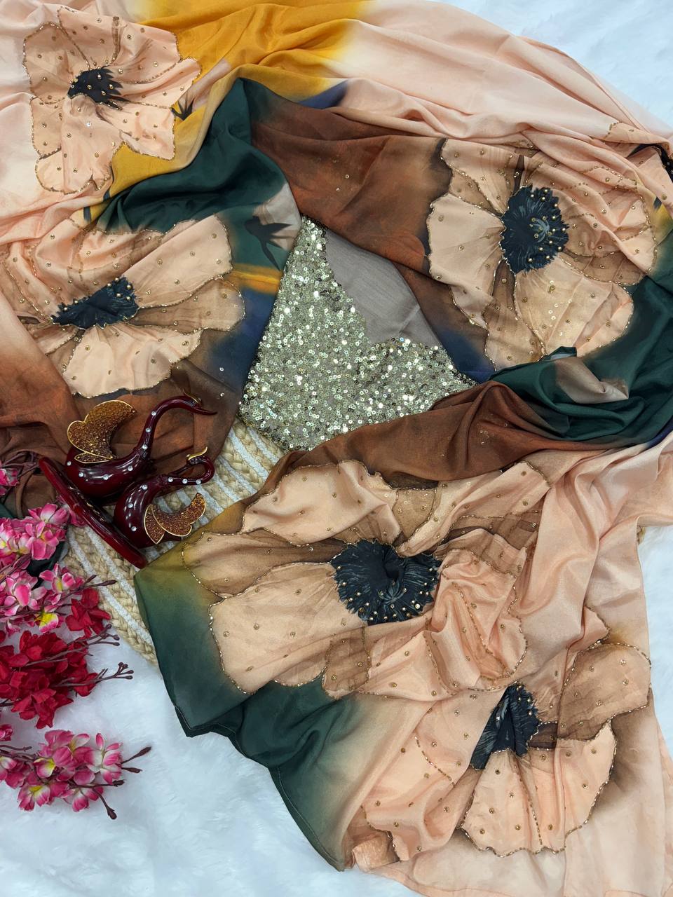 Off white & Green Satin Crepe Floral Print with Katdana Work Saree