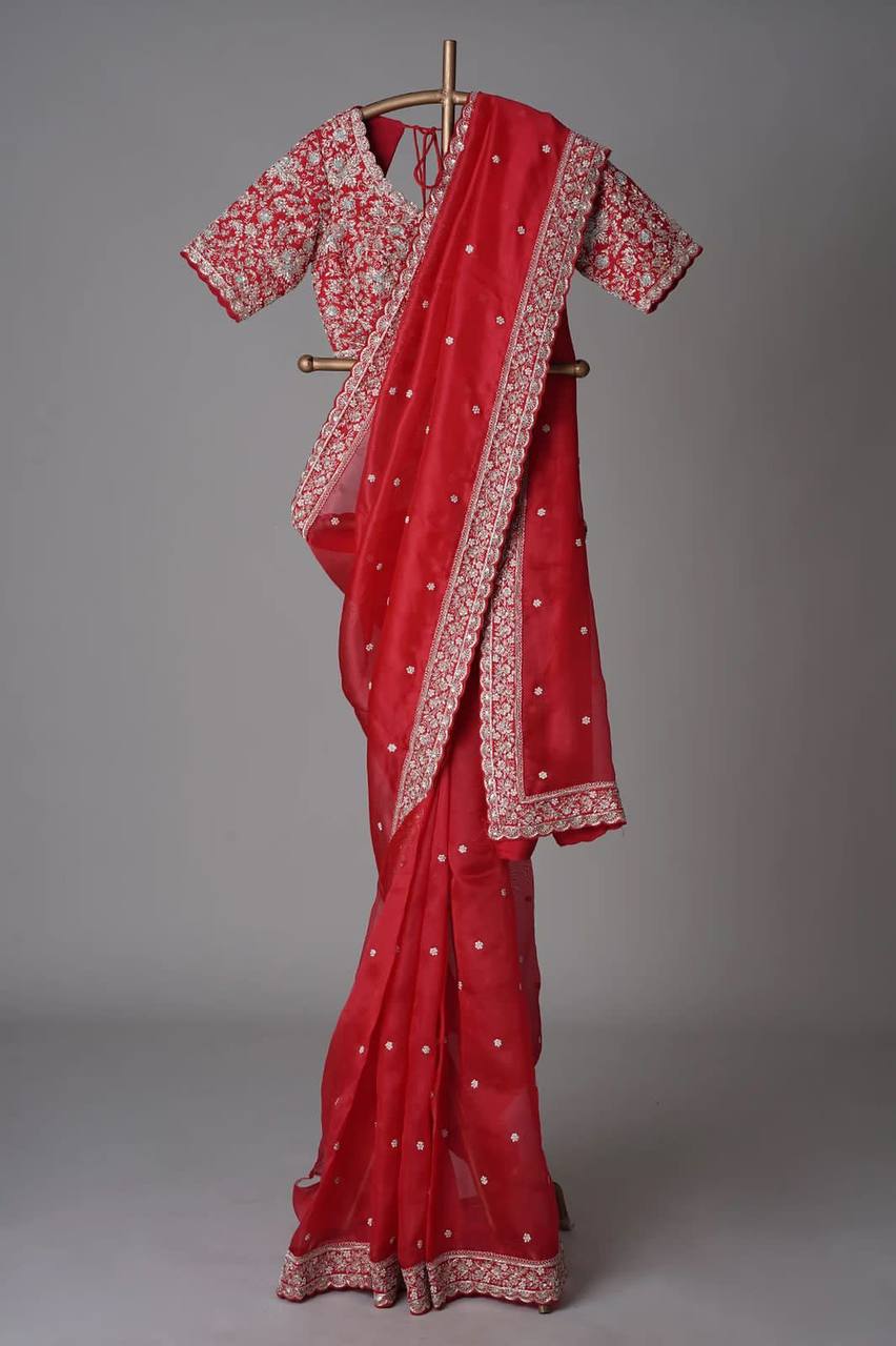 Red Tabby Silk Cording Embroidery Work Saree