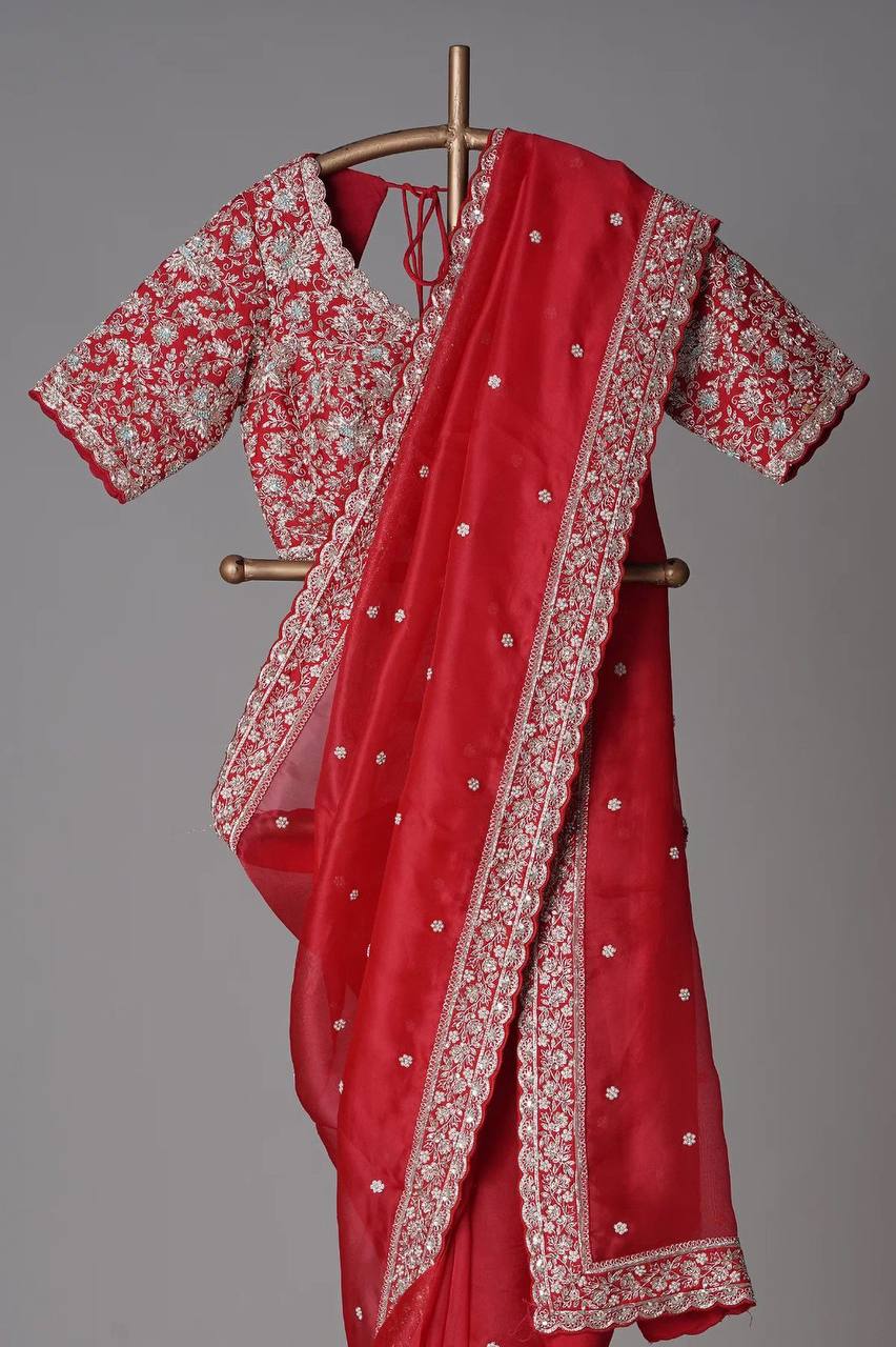 Red Tabby Silk Cording Embroidery Work Saree