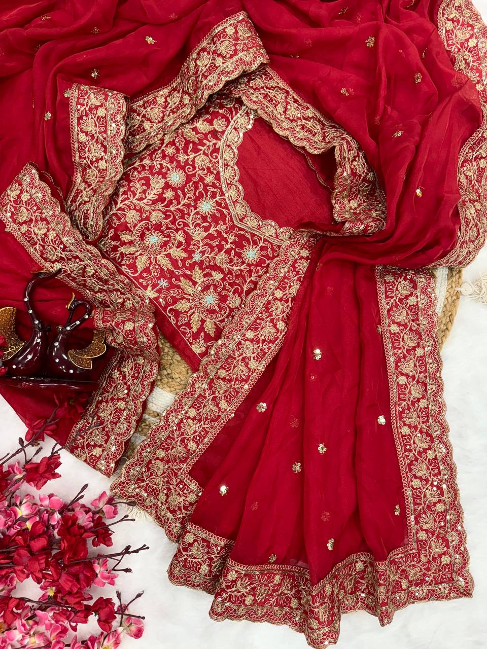 Red Tabby Silk Cording Embroidery Work Saree