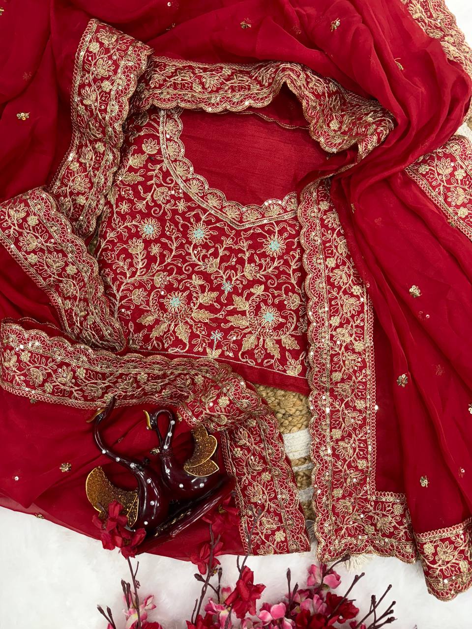 Red Tabby Silk Cording Embroidery Work Saree