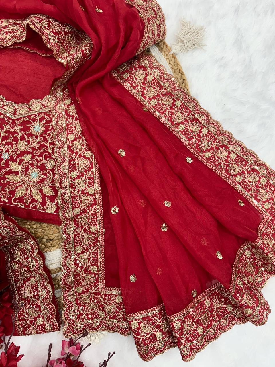 Red Tabby Silk Cording Embroidery Work Saree