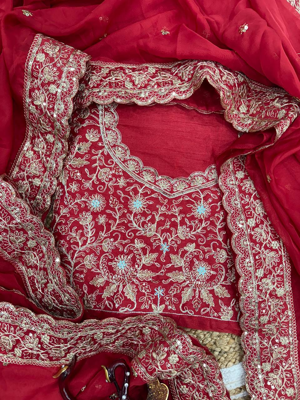Red Tabby Silk Cording Embroidery Work Saree