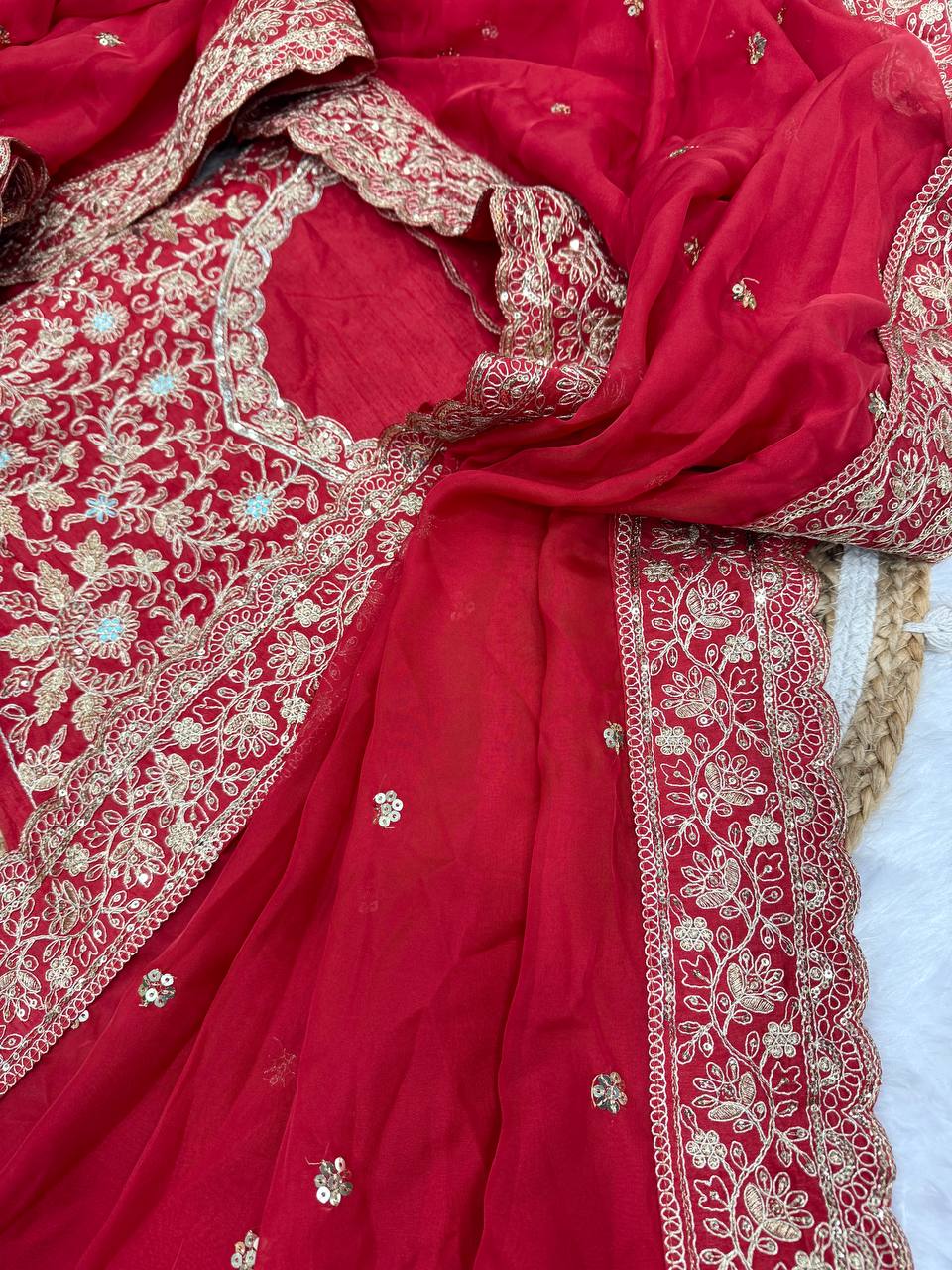 Red Tabby Silk Cording Embroidery Work Saree