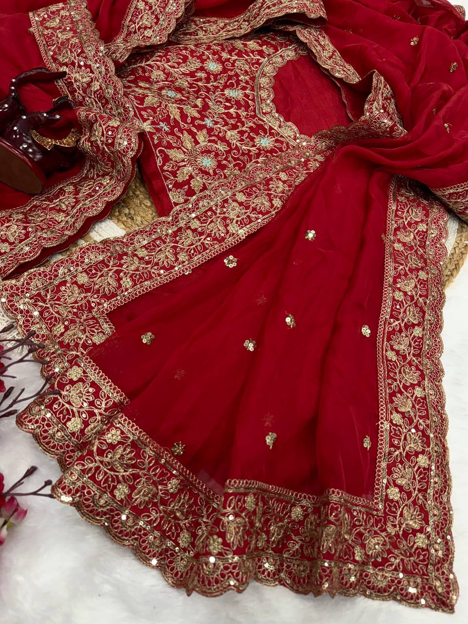 Red Tabby Silk Cording Embroidery Work Saree