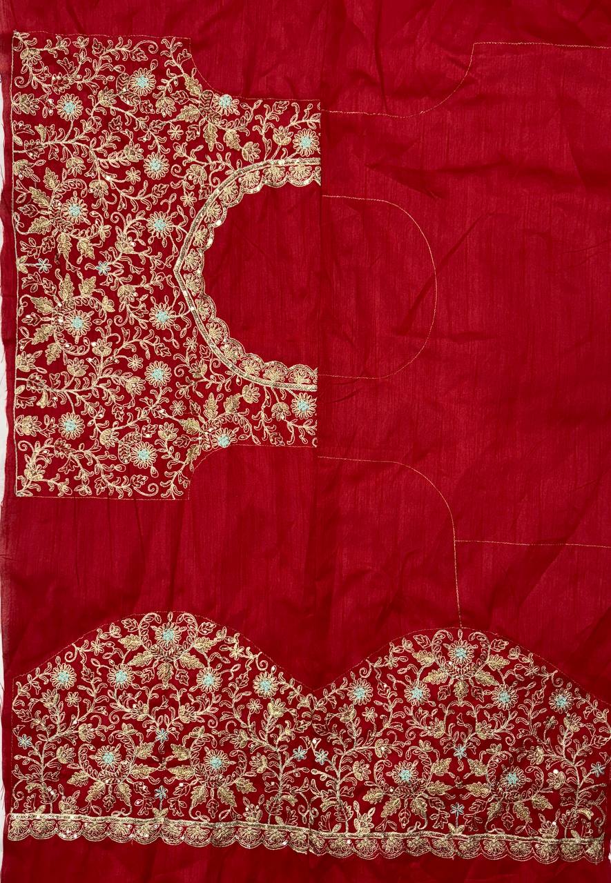 Red Tabby Silk Cording Embroidery Work Saree