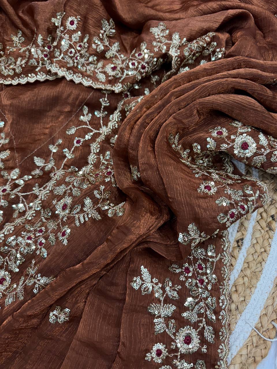Brown Frendy Chiffon Sequins Embroidery Work Saree