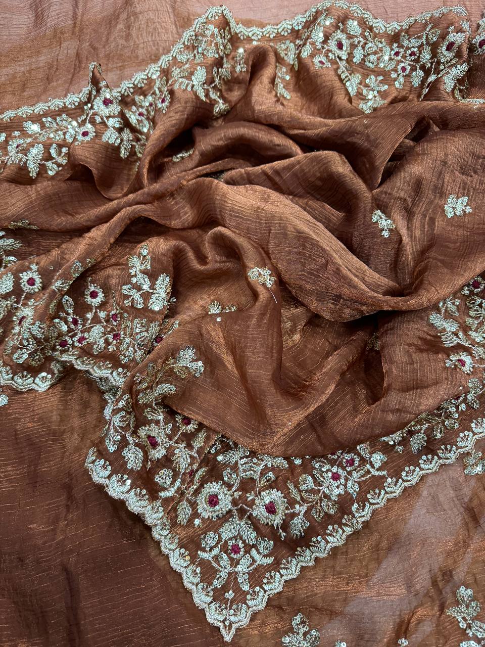 Brown Frendy Chiffon Sequins Embroidery Work Saree