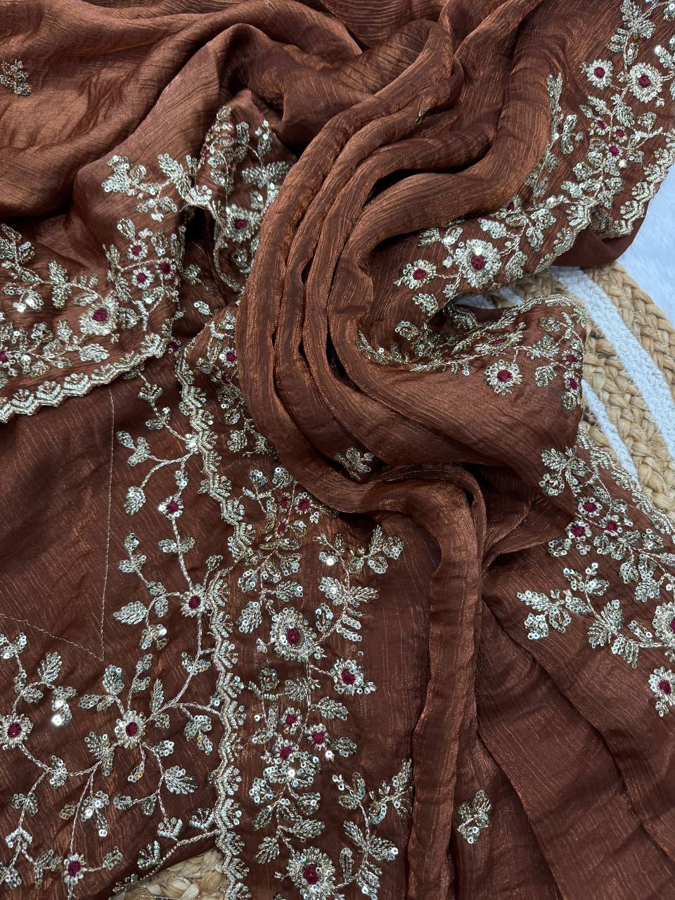 Brown Frendy Chiffon Sequins Embroidery Work Saree