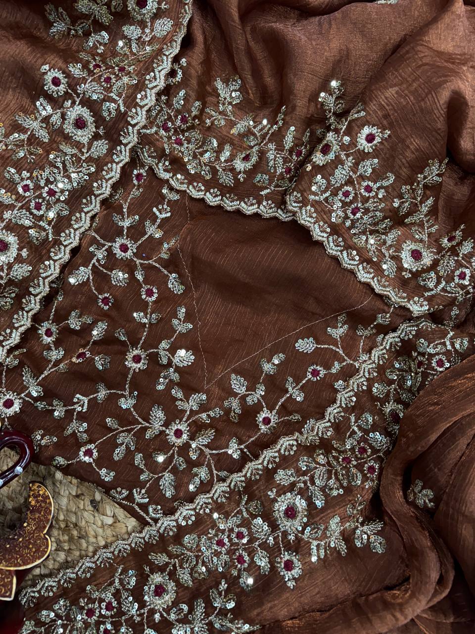 Brown Frendy Chiffon Sequins Embroidery Work Saree