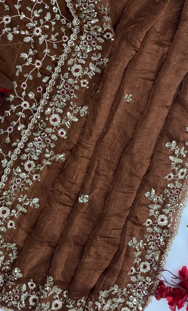 Brown Frendy Chiffon Sequins Embroidery Work Saree
