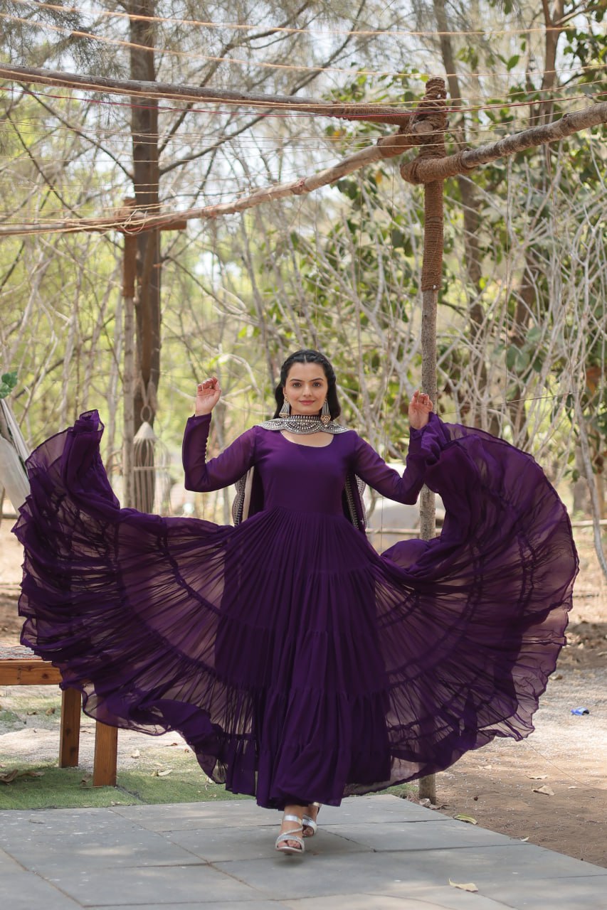 Designer Maroon Faux Georgette Gown With Dupatta