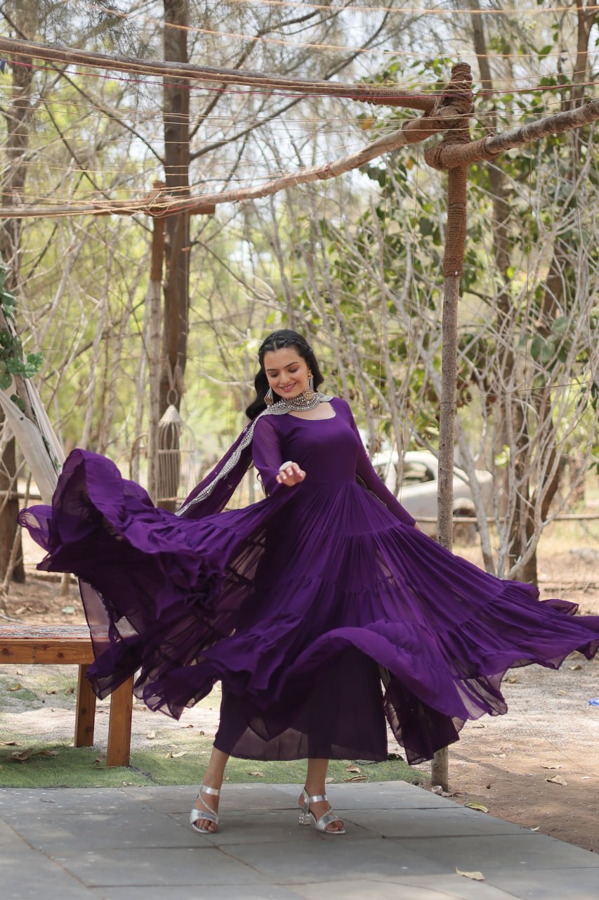 Designer Maroon Faux Georgette Gown With Dupatta