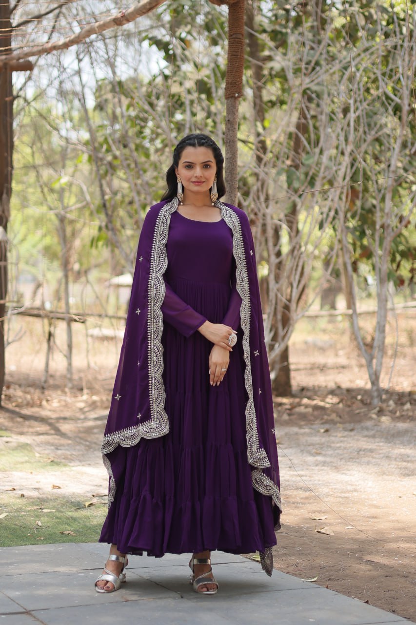 Designer Maroon Faux Georgette Gown With Dupatta