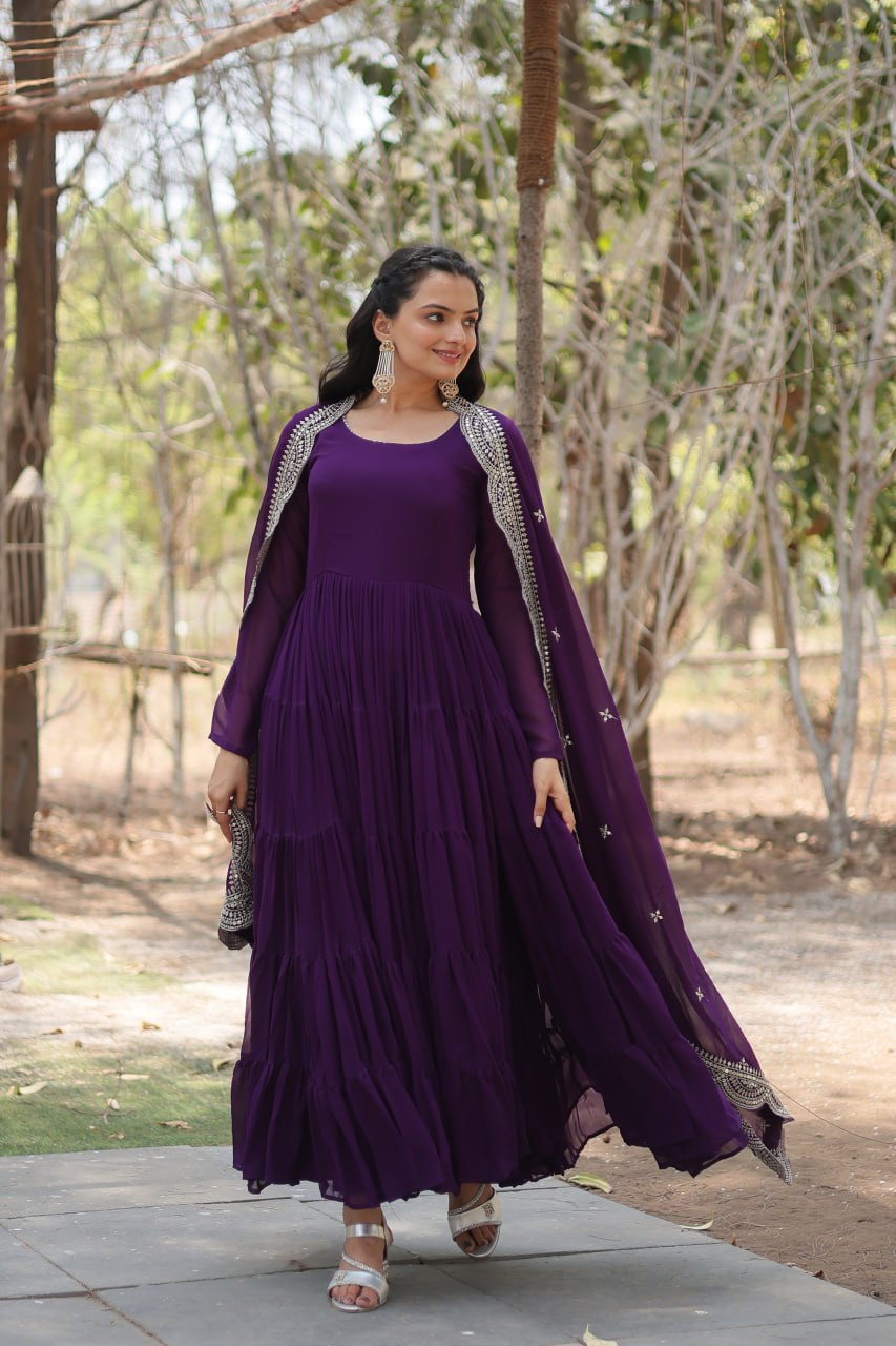 Designer Maroon Faux Georgette Gown With Dupatta
