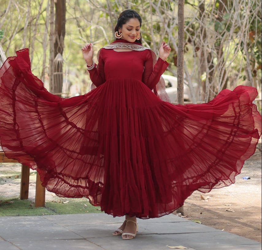 Designer Maroon Faux Georgette Gown With Dupatta