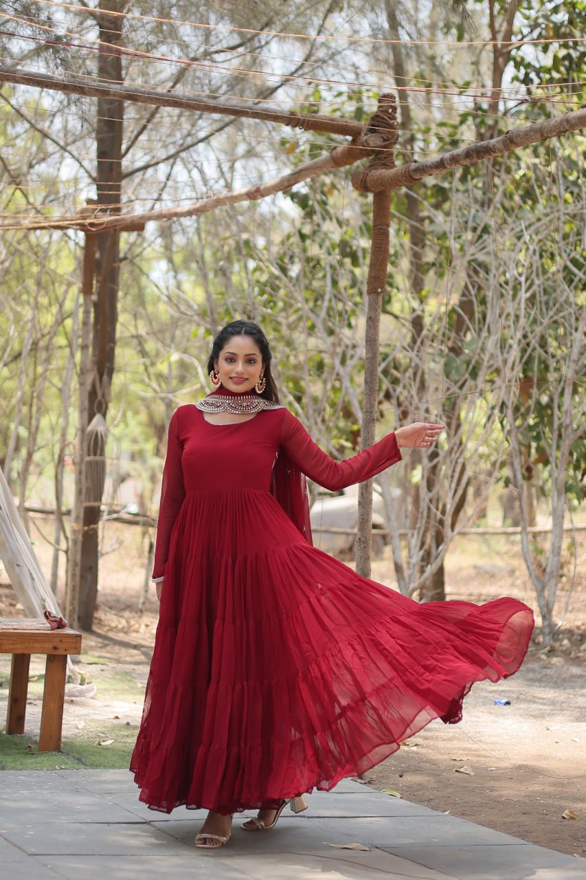 Designer Maroon Faux Georgette Gown With Dupatta