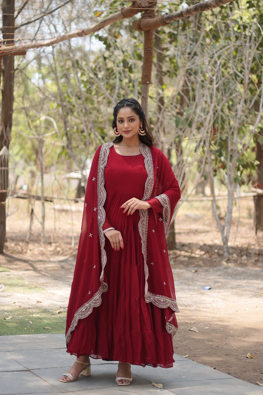 Designer Maroon Faux Georgette Gown With Dupatta