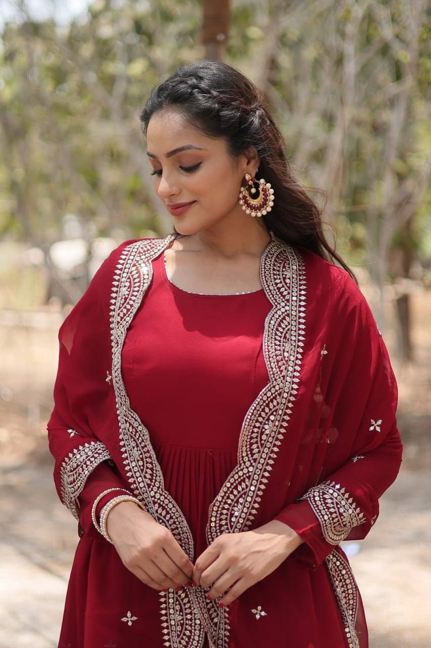 Designer Maroon Faux Georgette Gown With Dupatta