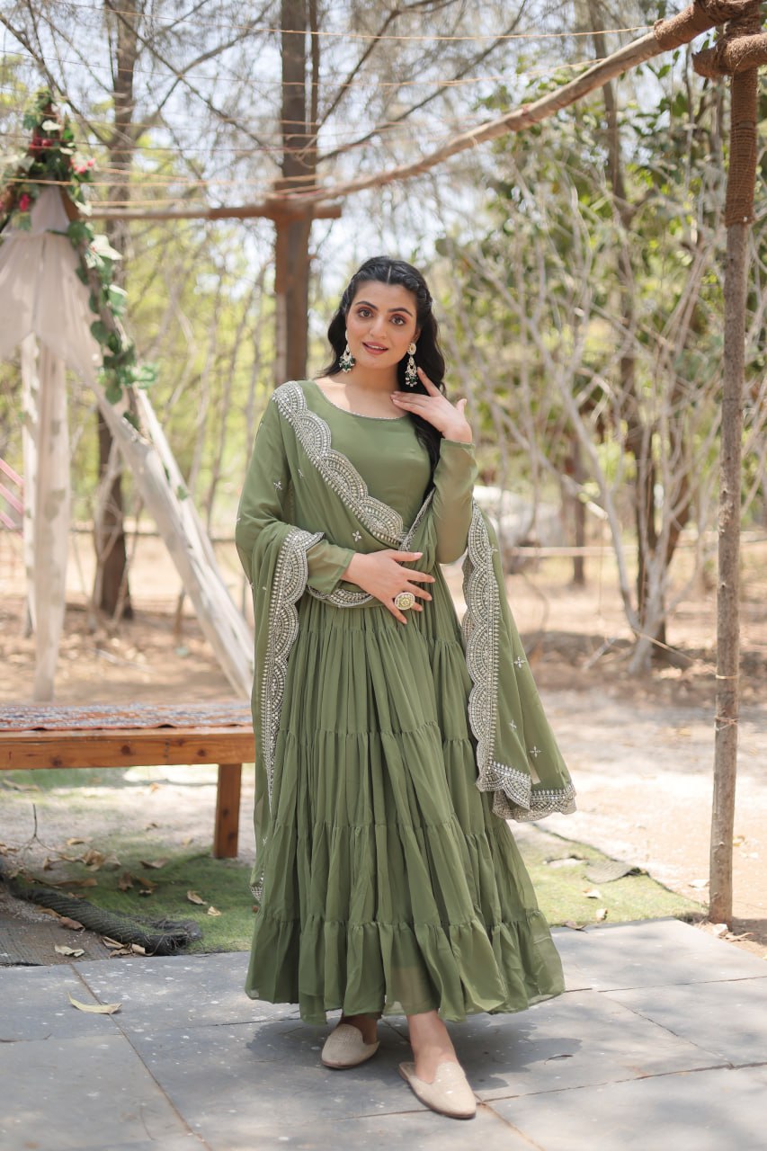 Designer Maroon Faux Georgette Gown With Dupatta