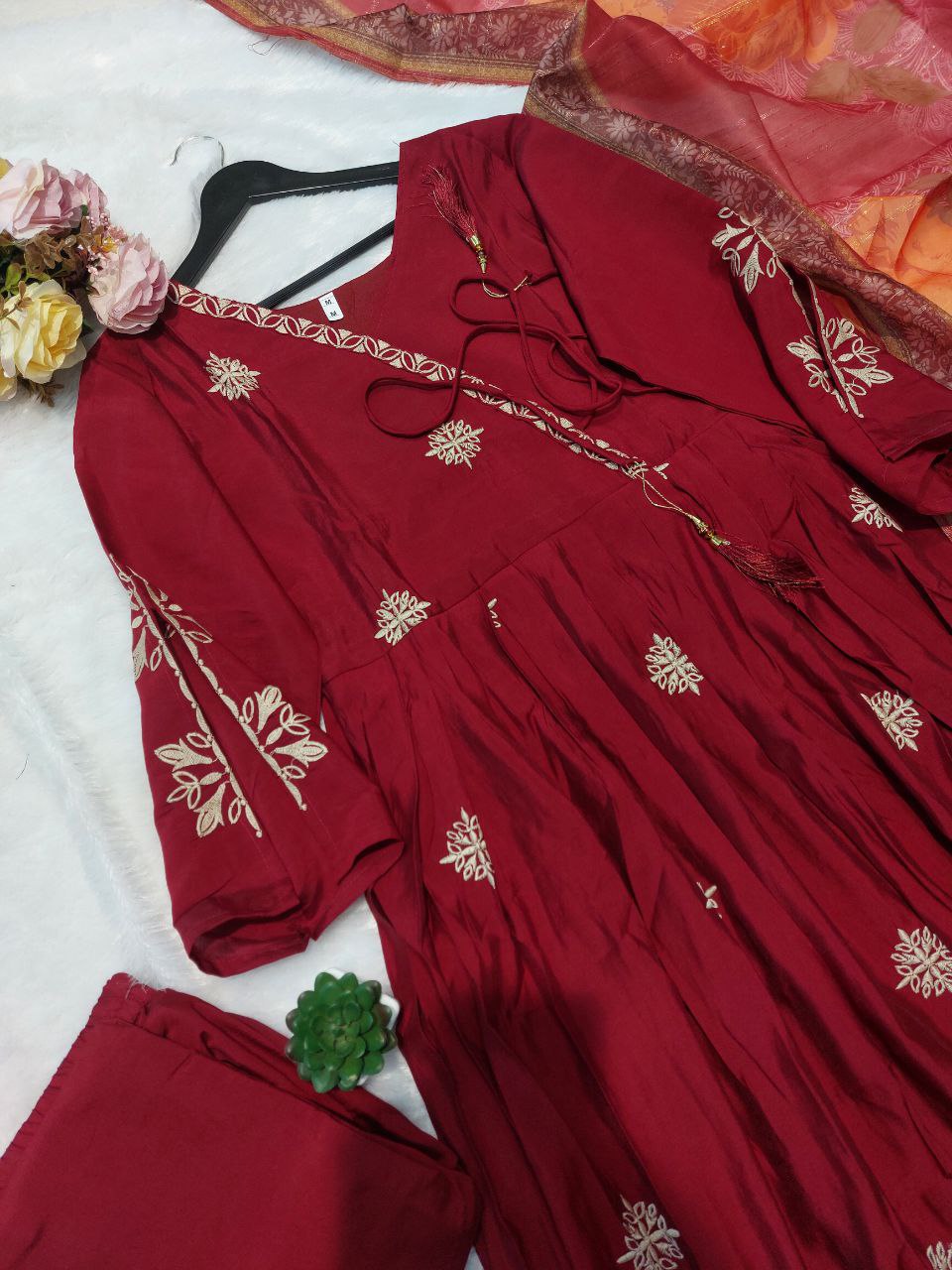 Maroon Color Luxurious Roman Silk 3pc Kurti Set