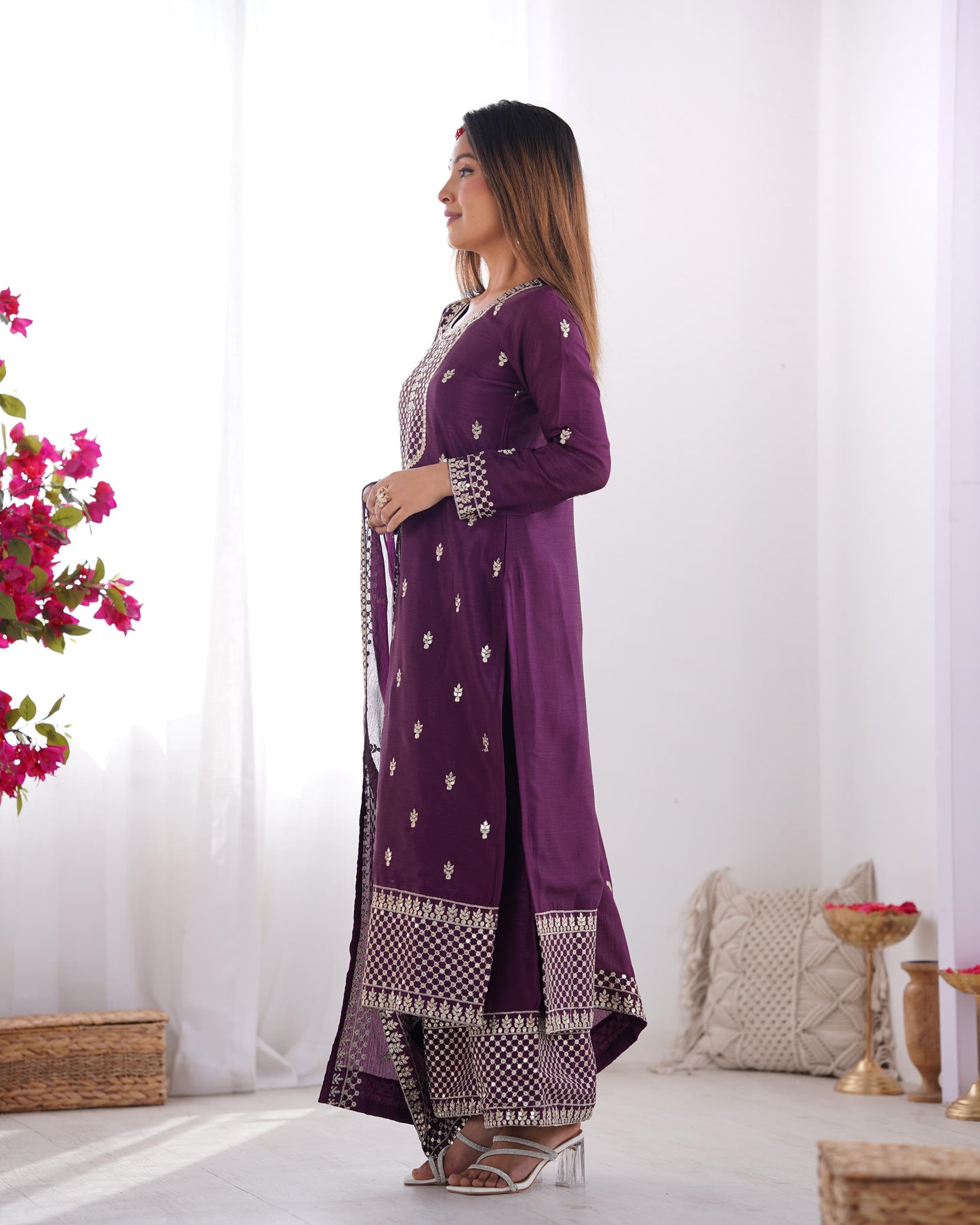 Wine Whisper β Elegant Embroidered Chinon Silk Straight Kurta Set with Dupatta