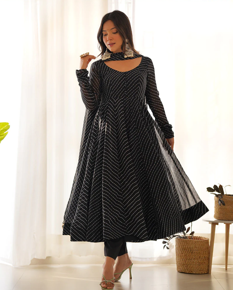 BLACK LEHRIYA ANARKALI 3PC KURTA SET