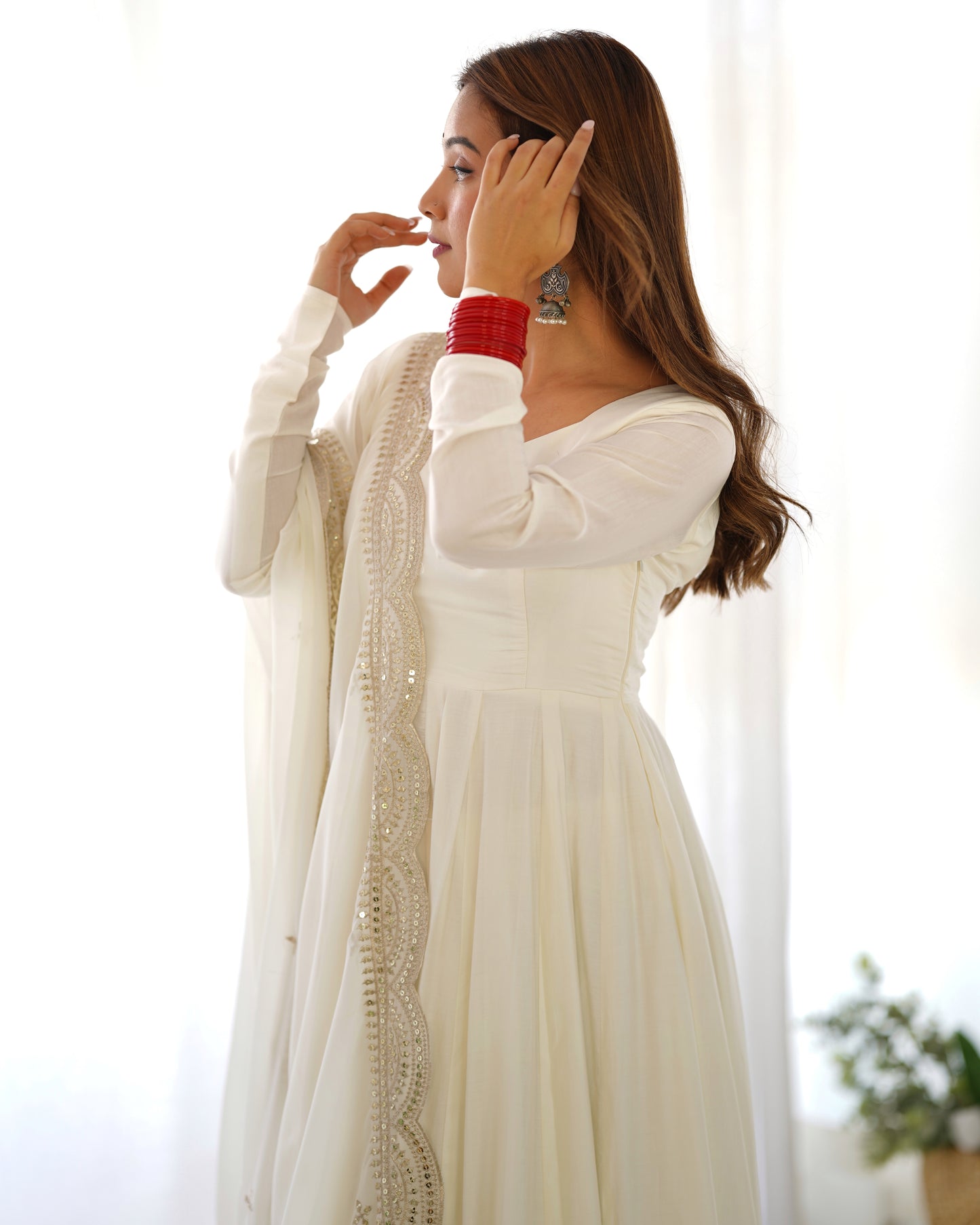 Off White Heavy pure Chanderi Romansilk 3pc Anarkali Gown Set