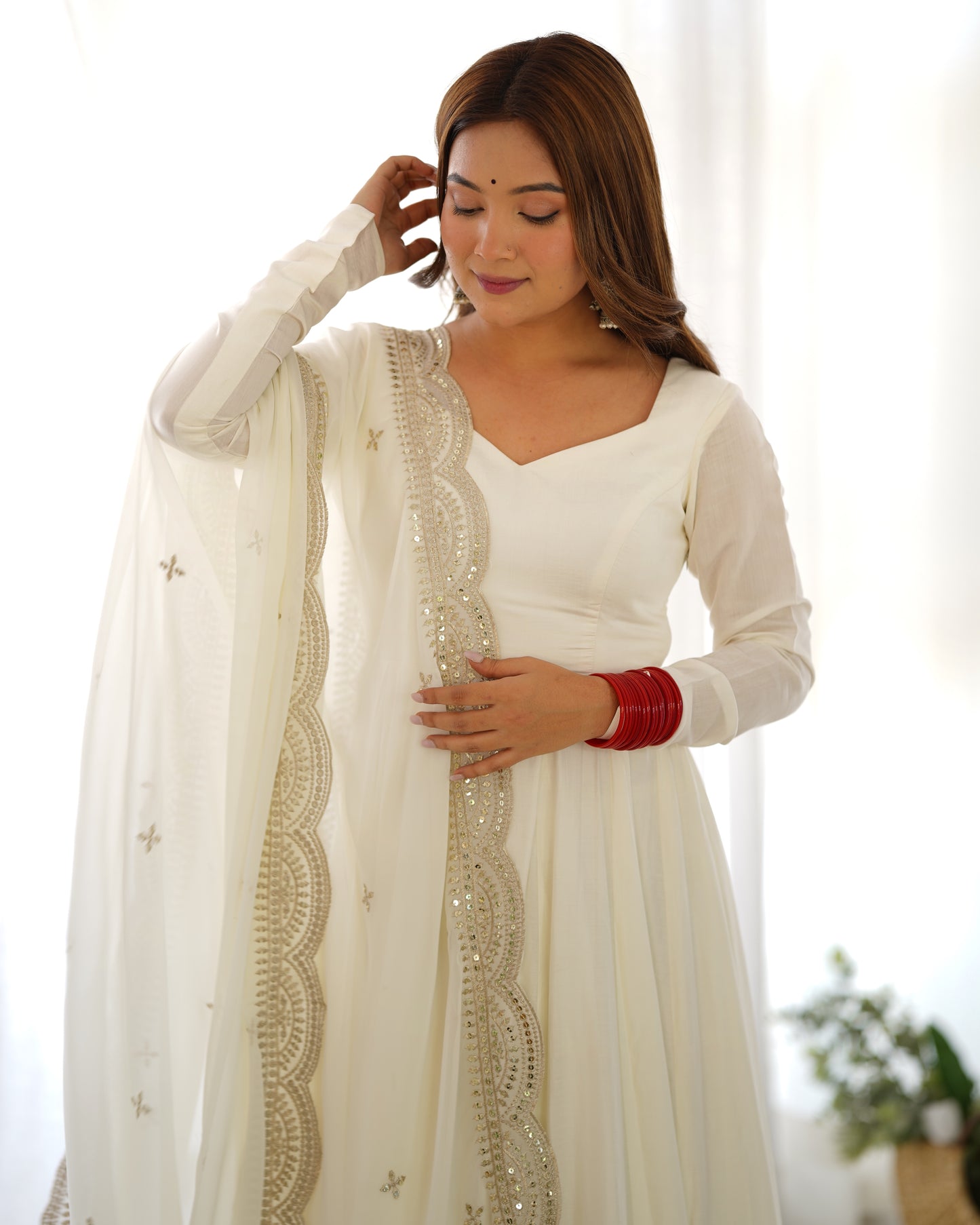 Off White Heavy pure Chanderi Romansilk 3pc Anarkali Gown Set