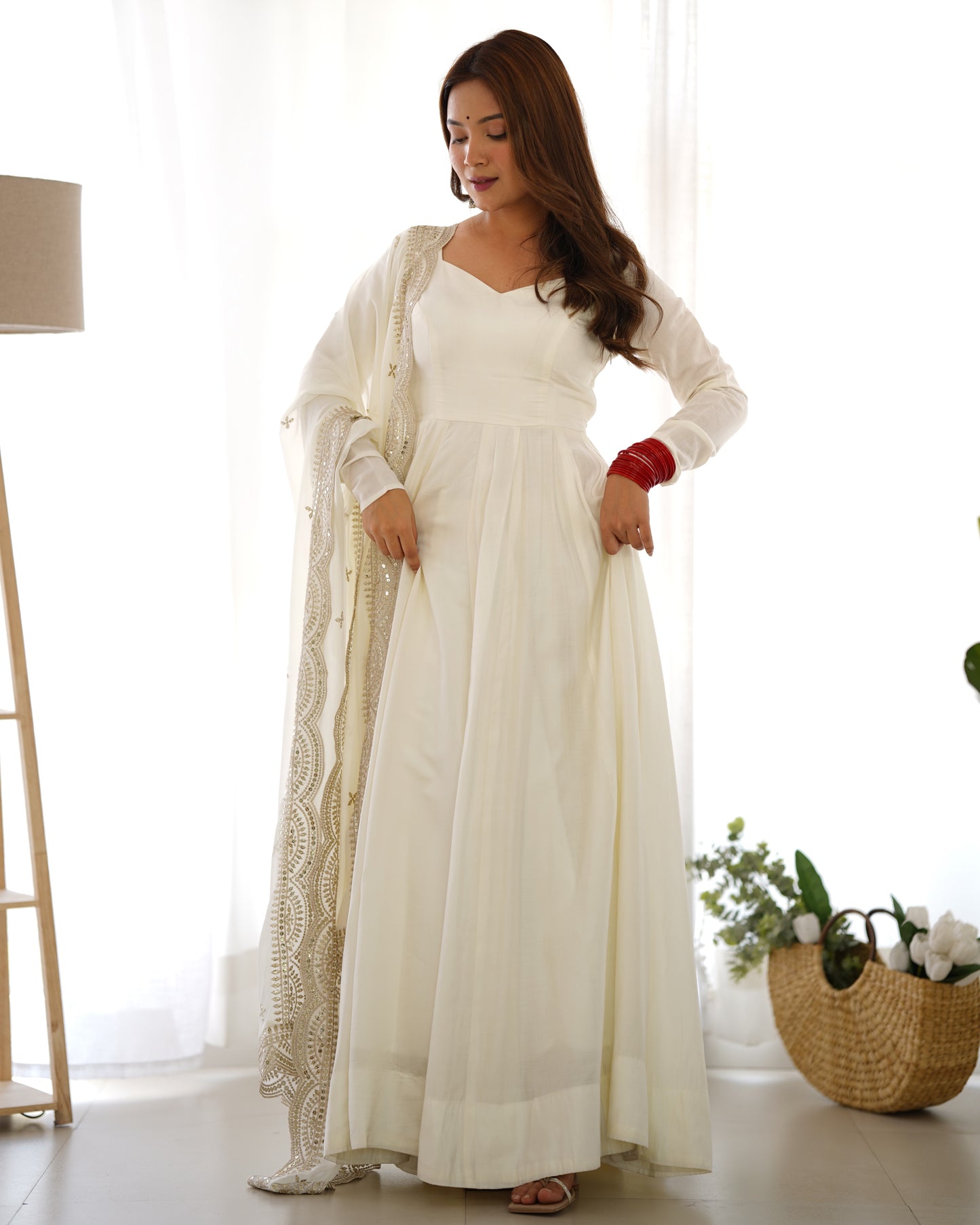 Off White Heavy pure Chanderi Romansilk 3pc Anarkali Gown Set