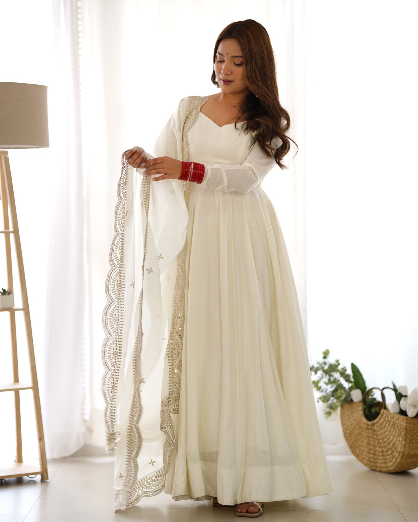 Off White Heavy pure Chanderi Romansilk 3pc Anarkali Gown Set